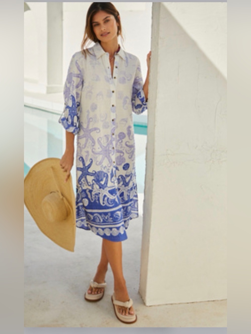 Anthropologie Blue & White Star Print Button Midi Dress Sea Life Coastal